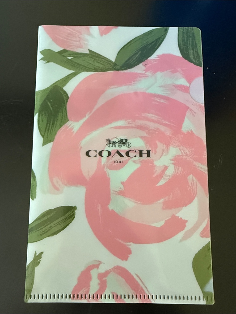 Coach Pink Rose Floral Document Sleeve with Green Leaves File Folder